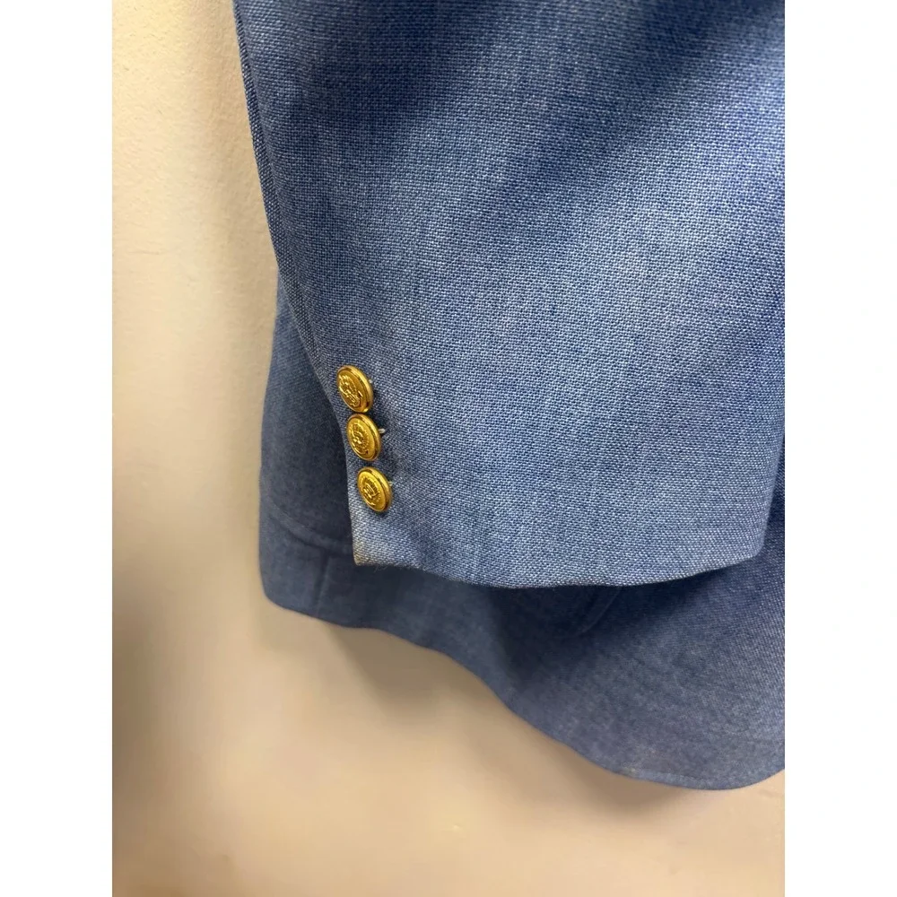 Stanley Blacker Blazer Men 38.5L Light Blue Gold Crest Button Preppy Sport Coat